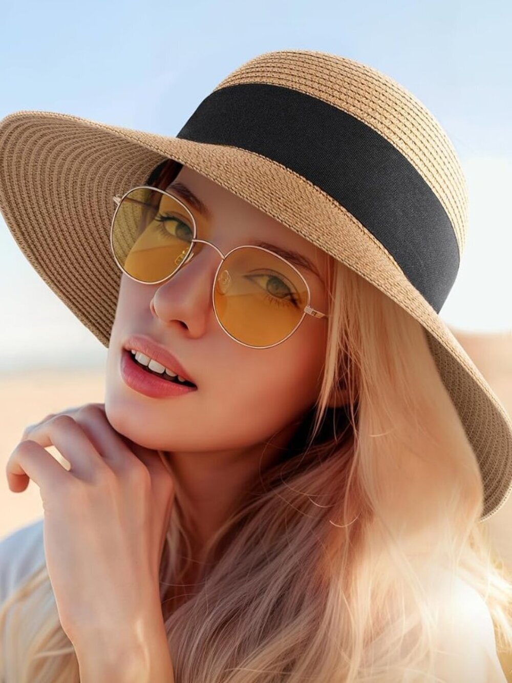 Women's Beach Sun Straw HatsUPF 50+ UV Sun Protection Wide Brim C Khaki